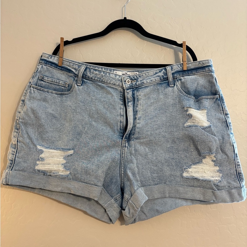 Hollister Light Blue Distressed Cuffed Denim Shorts